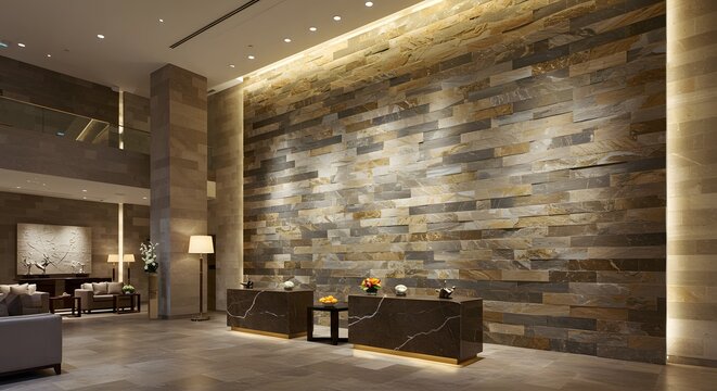 Luxurious textured wall accentuating high-end hotel lobby with elegant lighting and modern decor