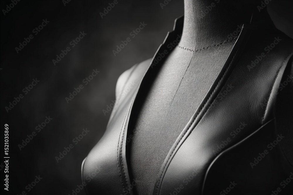 Aufkleber elegant black leather jacket displayed on a mannequin against a dark background, showcasing unique t