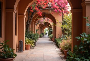 A serene garden pathway lined with vibrant flowers and arches