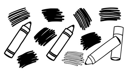 Vector illustration of crayons and scribble marks in black and white. Hand-drawn style with various crayon strokes and textures, perfect for school-themed designs, educational materials, or art projec