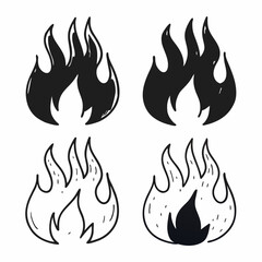 Set of four stylized flame icons in hand-drawn black and white style. Includes both filled and outline versions. Great for tattoo design, stickers, fire safety materials, or graphic design elements.


