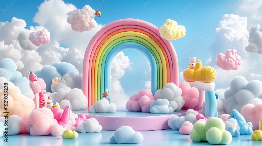 Aufkleber 3d baby product display podium with soft clouds and pastel rainbow in a cute studio room with sky ba
