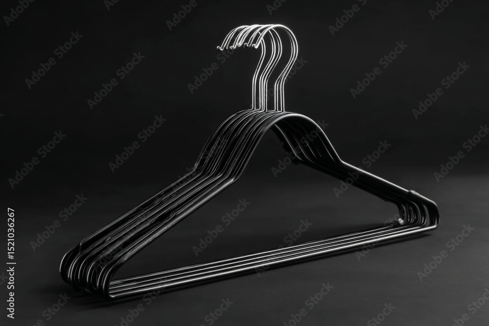 Poster stacked black metal hangers arranged on a dark surface highlighting their sleek design and functiona