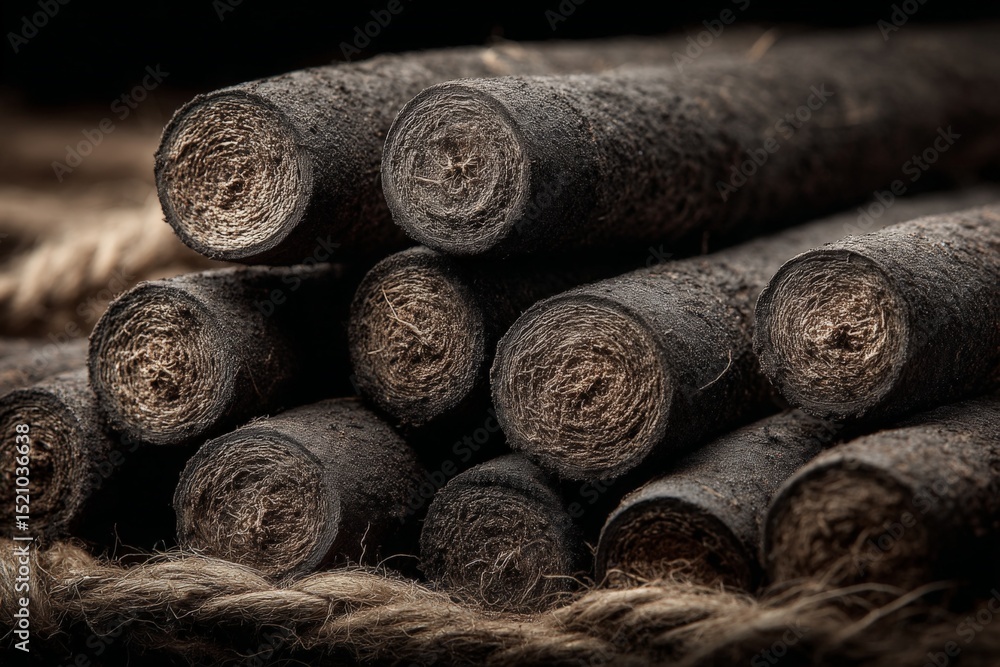 Poster dark, textured sticks arranged on natural fiber, showcasing unique patterns and earthy tones in a cl