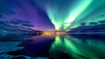 Winter landscape Aurora Borealis phenomenon with snow mountain and lake background in Murmansk region. Russia Far North, Polar Night