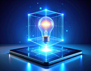 Sleek, minimalist cube illuminates futuristic scene with glowing lightbulb suspended above tablet, creating high tech ambiance