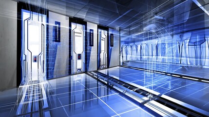 Futuristic corridor in blue and white tones