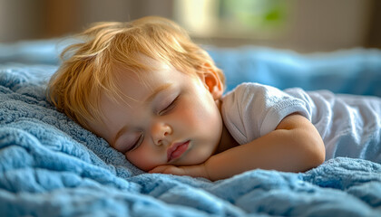 Fototapeta premium Peacefully sleeping young child on a cozy bed with soft blue blankets
