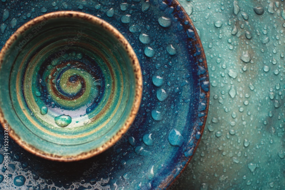 Poster glazed pottery bowls resting on a wet surface showcasing vibrant colors and intricate designs