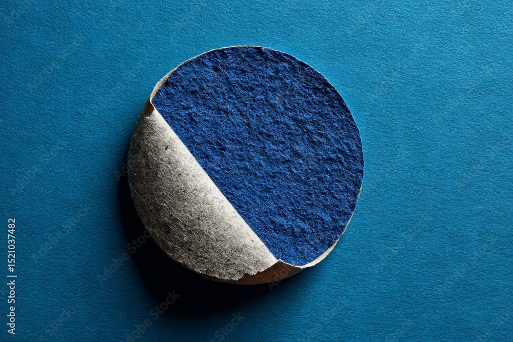 Aufkleber Unique round object split in color on vibrant blue background, showcasing texture and design contrast in an artistic arrangement