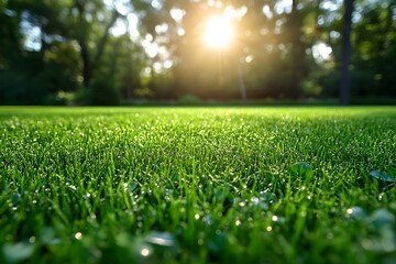 Naklejka premium Morning Sunlight Over Dewy Grass in Serene Forest Park Setting