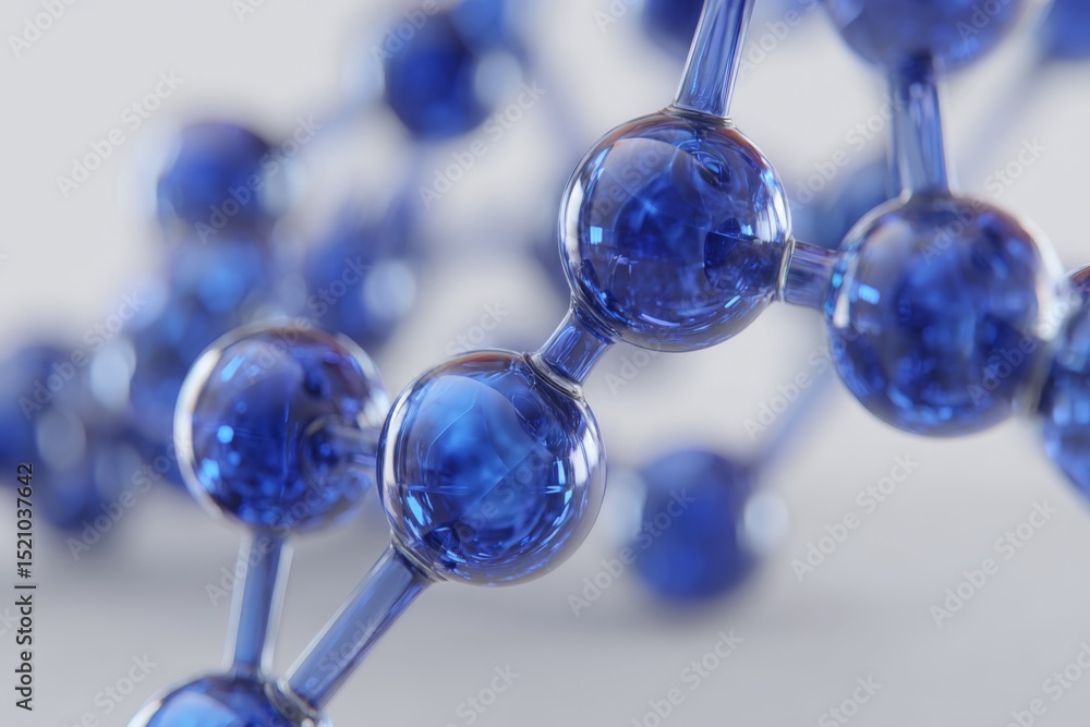 Poster complex blue molecular structure showing interconnected atoms and bonds in a scientific analysis