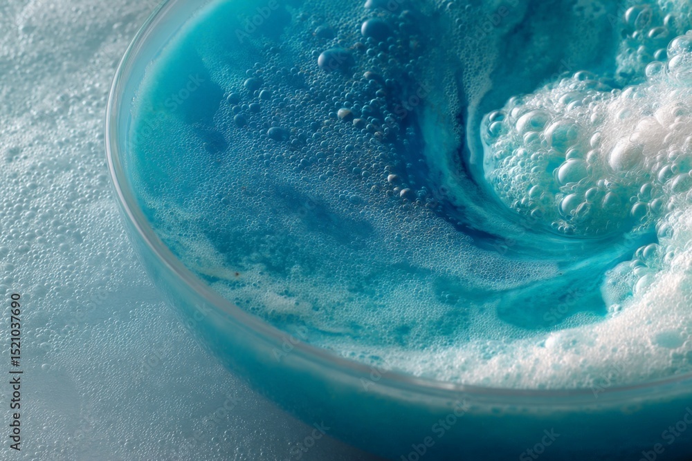 Poster vibrant blue bubbles create a captivating swirl in a clear bowl filled with colorful frothy liquid
