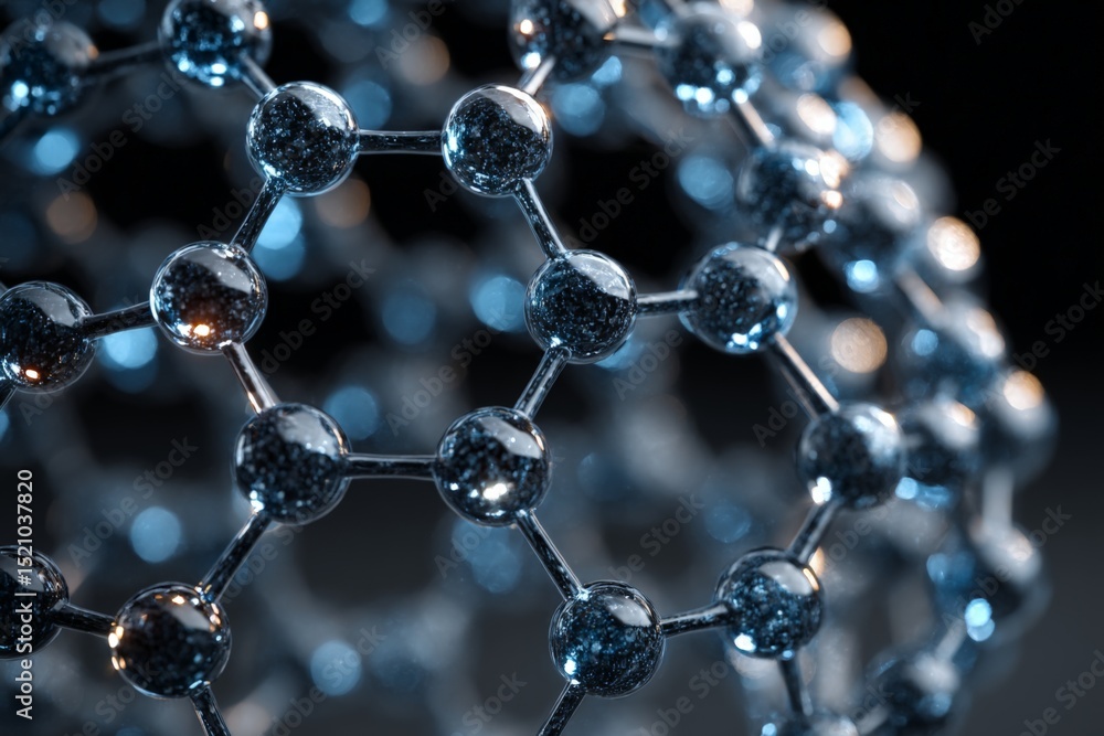 Poster Molecular structure with interconnected atoms illuminated in blue light showcasing advanced scientific concepts