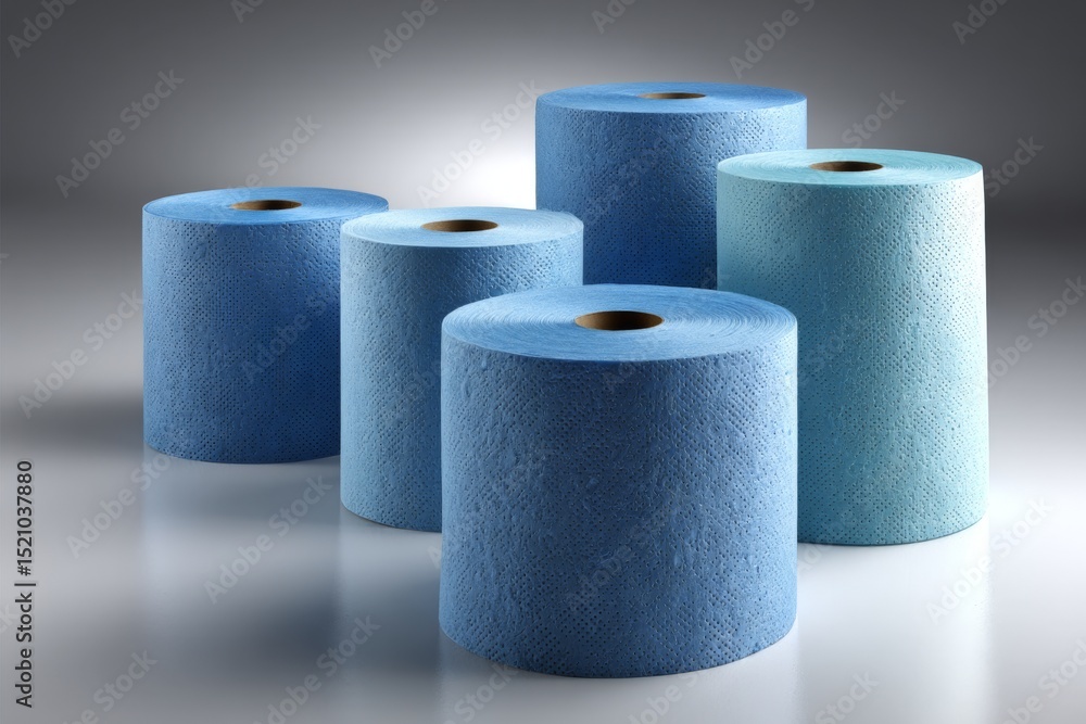Aufkleber rolls of blue paper towels arranged on a reflective surface in a well-lit setting