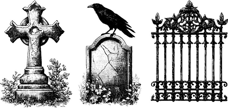 Medieval cross and crow engraved illustrations for historical and gothic design