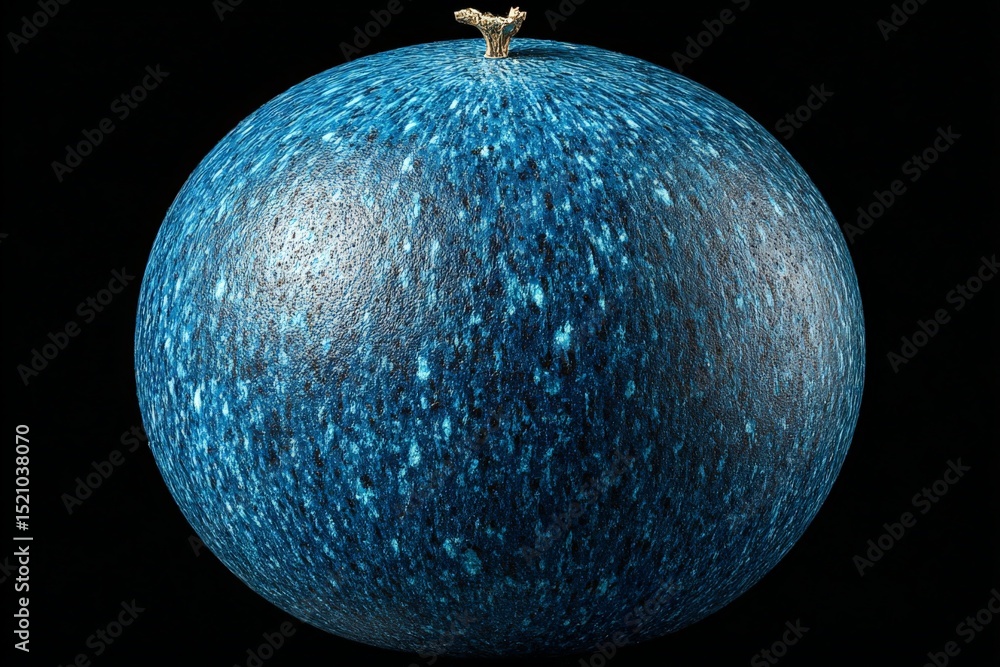 Poster Colorful blue spherical object with textured surface and thin stem captured against a dark background