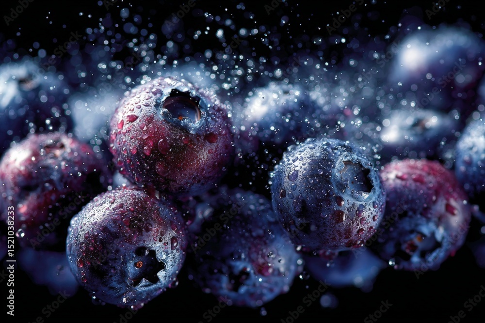 Aufkleber Fresh blueberries splashing with water droplets in close-up view creating an appealing effect on black background