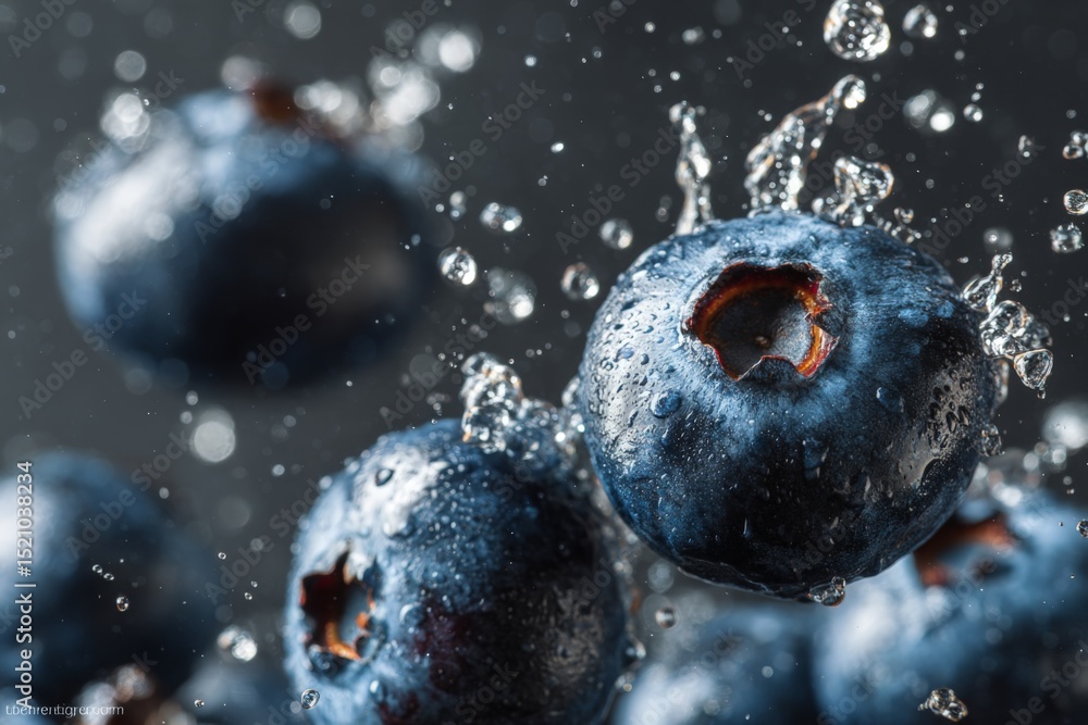 Poster Fresh blueberries splashing in water create a refreshing display of droplets and vibrant colors