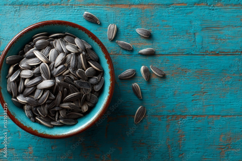Aufkleber sunflower seeds in a turquoise bowl on a rustic wooden surface with scattered seeds around