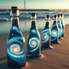 A collection of glass bottles on a beach each containing a swirl