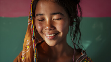 Young woman from Mongolia with eyes closed.