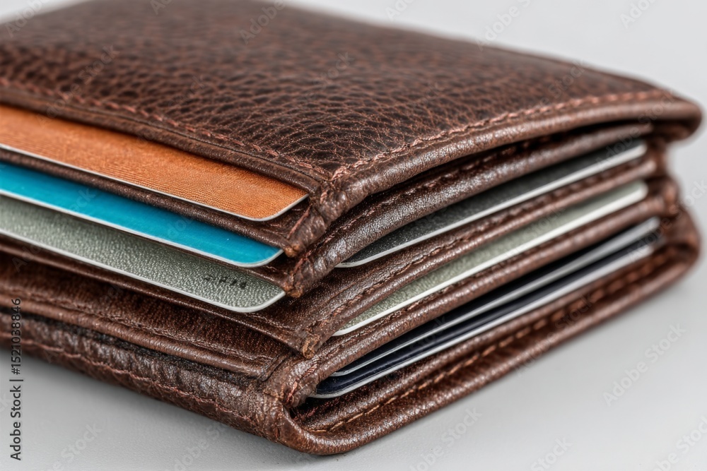 Poster Leather wallet stacked with cards resting on a light surface, showing textures and colors