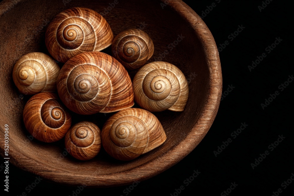 Poster Collection of assorted snail shells arranged in a wooden bowl with a dark background