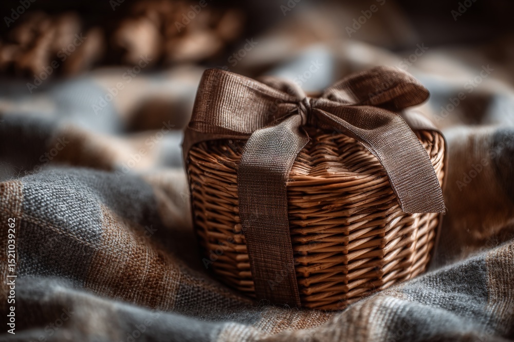 Poster decorative wicker basket with ribbon on textured fabric background in warm lighting