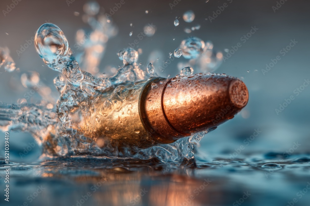 Poster water splashing around a bullet immersed in a reflective surface during early morning light