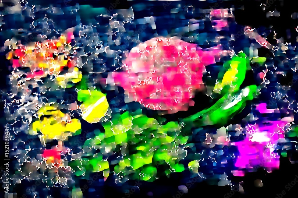 Poster colorful abstract artwork depicting flowers and celestial elements on a dark background showcasing c