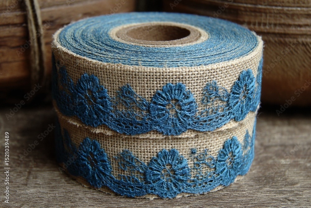 Poster beautiful blue lace adorns a roll of burlap ribbon on a rustic wooden surface in an artistic setting