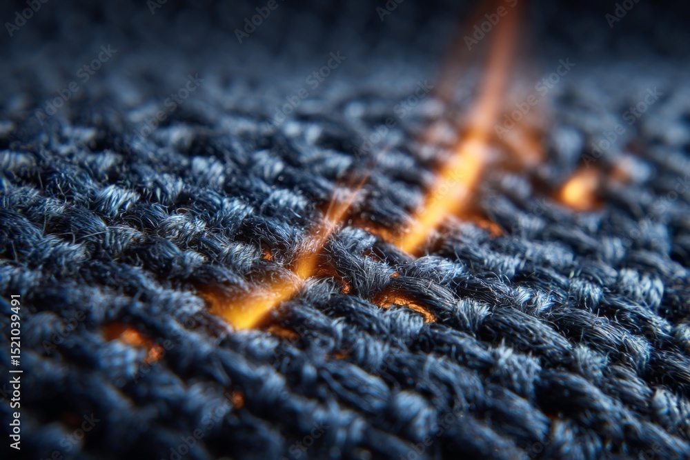 Poster Close-up of a woven fabric with fire glowing between the strands in a dimly lit environment during a nighttime setting