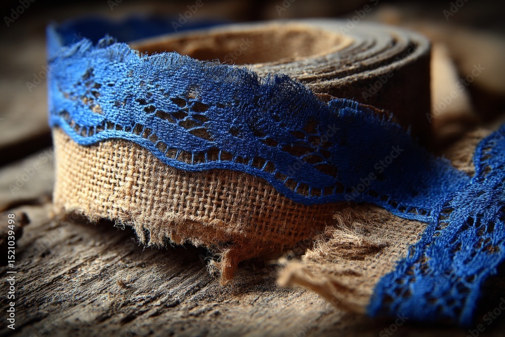 Aufkleber crafting with burlap and blue lace ribbon, showcasing texture and color contrast in a rustic setting