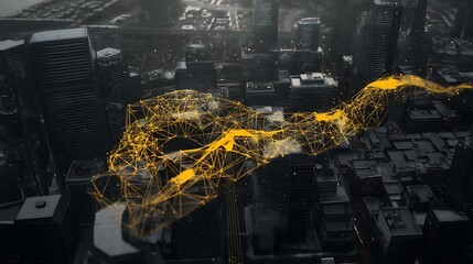 Digital network over dystopian cityscape concept