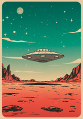 Flying saucer hovering over alien planet with red rocky landscape. Retro style concept for World UFO Day. Space exploration.