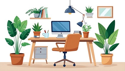 modern office room cartoon illustration. classroom, commercial, contemporary, corporate, cyberspace, desk, desktop, furniture, indoor, keyboard, laptop, layout, minimal, monitor, productivity, 4