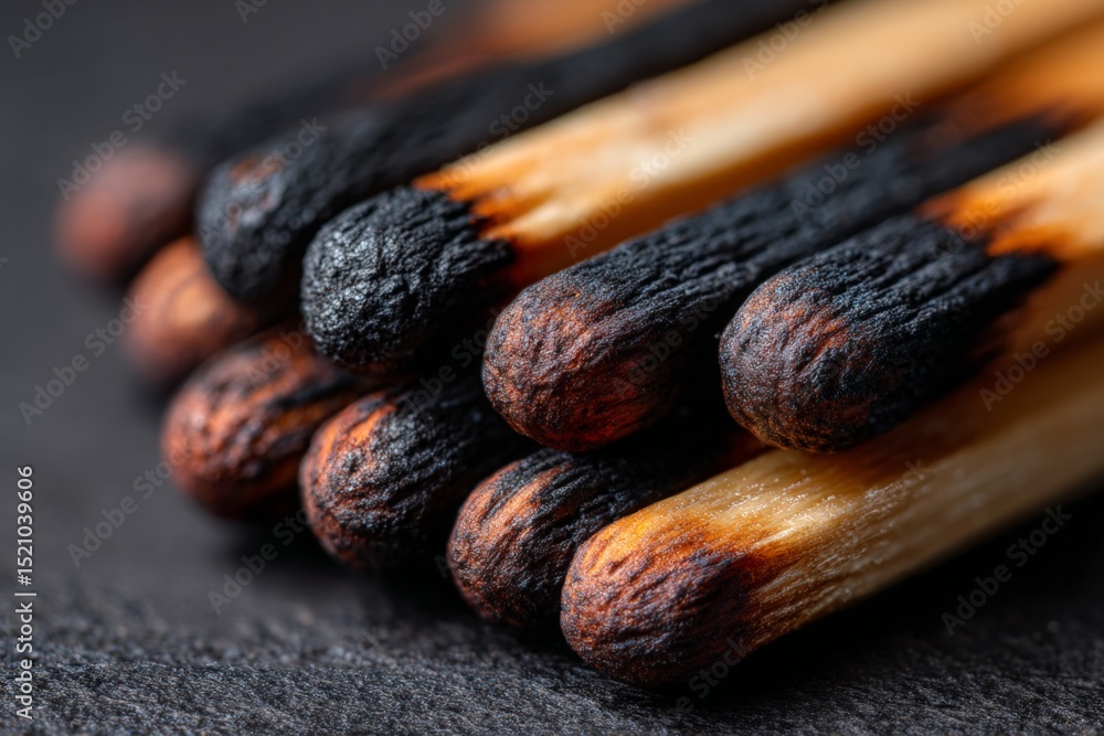 Poster close-up of burnt matchsticks arranged neatly on a dark surface showcasing their charred tips and wo
