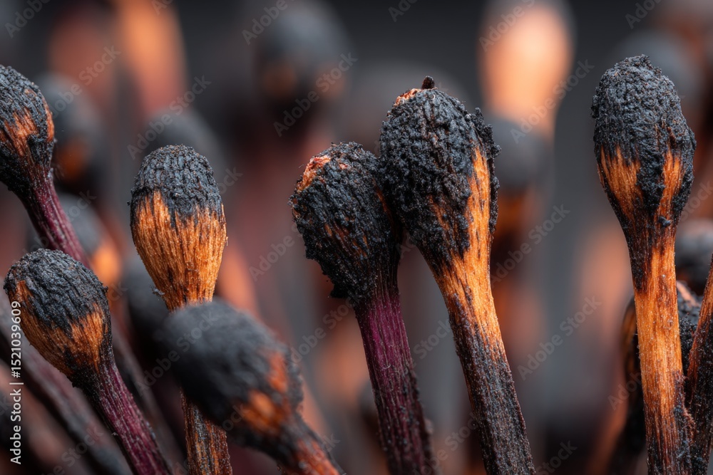 Poster Close-up view of burnt matchsticks showing charred tips and exposed wood details in a dark setting