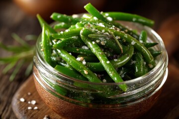 Fresh green beans with herbs and seasoning served in a glass jar on a wooden table