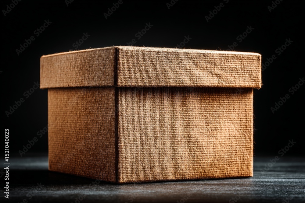 Poster decorative brown cardboard box positioned on dark wooden surface with dramatic lighting emphasizing 