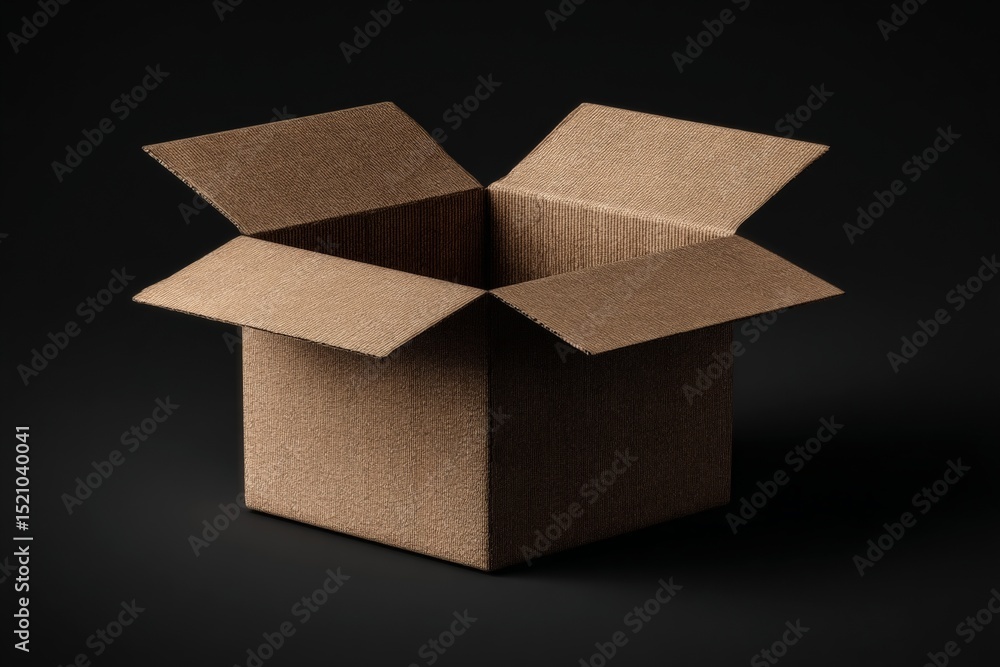 Poster open cardboard box with flaps extended against a dark background