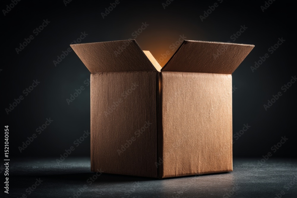 Poster brightly lit open cardboard box revealing warm light in a dark environment creates an inviting atmos