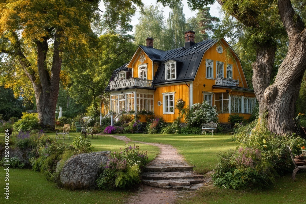 Poster charming yellow house surrounded by lush greenery and colorful flowers in a serene garden setting in
