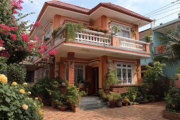 Fototapeta premium Beautiful two-story house surrounded by vibrant flowers and greenery on a sunny day