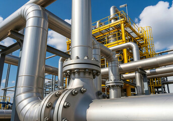 High-resolution image of industrial metal pipelines and yellow steel structure at a modern gas or oil processing plant, ideal for energy, engineering, and infrastructure industry content.