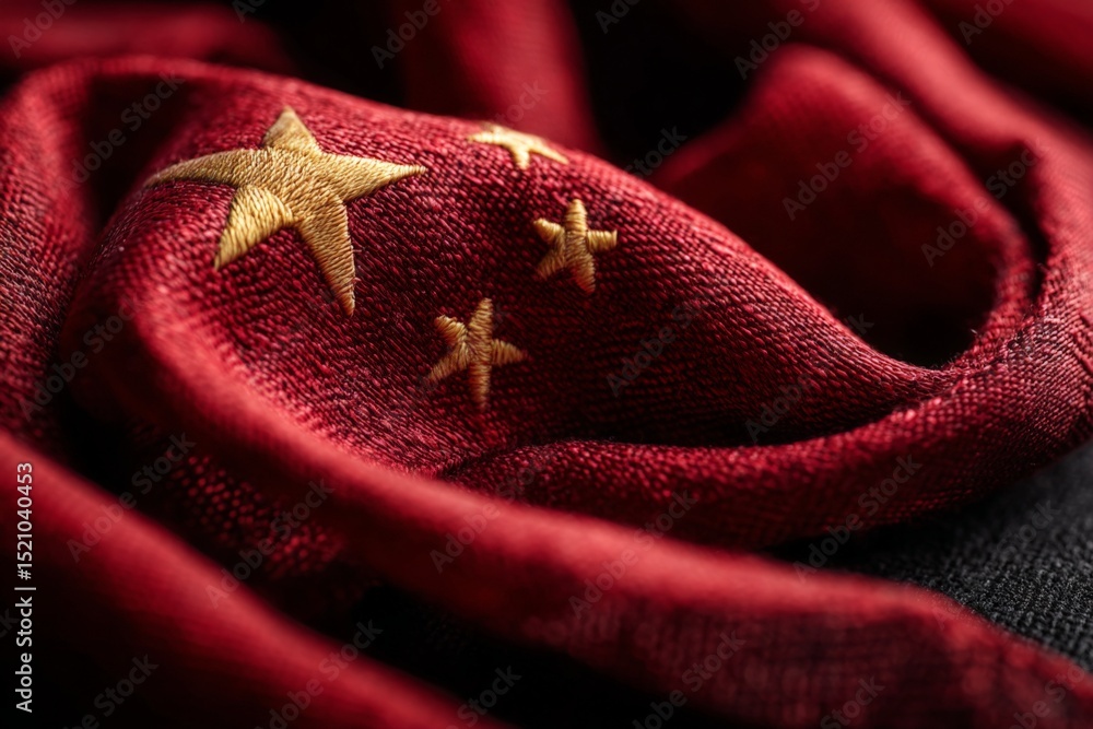 Poster Close-up of a red fabric with golden stars representing the flag of China in a delicate and artistic arrangement