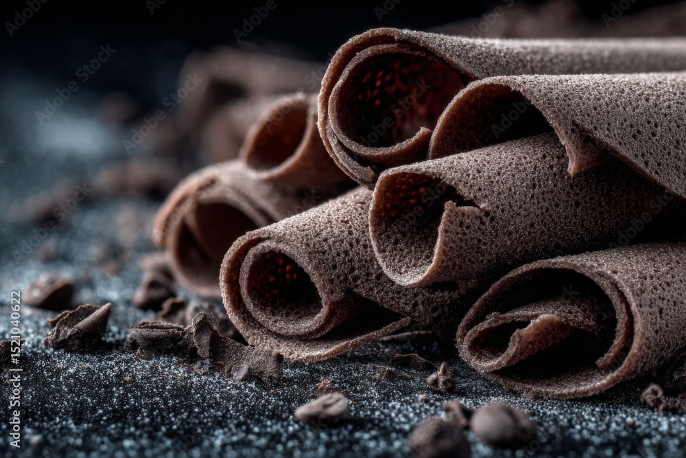 Poster delicious cocoa rolls made from high-quality chocolate and presented on a dark background