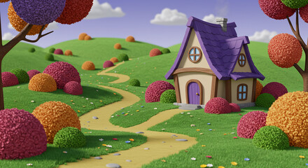 A purple fairytale house in a bright green hilly landscape with winding paths, dotted with colorful bushes and round-shaped trees