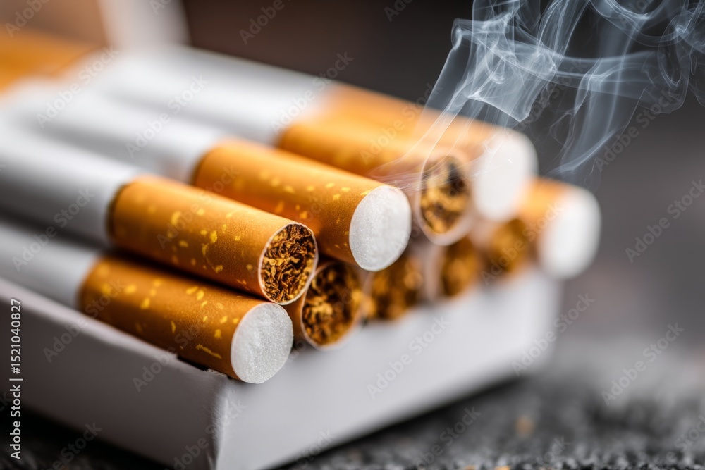 Poster cigarettes placed in an open box with smoke curling above, showcasing a close-up of tobacco products